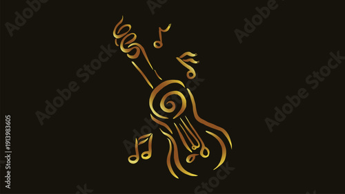 Golden guitar art. Abstract music line. Luxury audio icon. Gold instrument. Musical note vector. Artistic melody. Rhythm graphic. Premium jazz art. Creative sound. Boutique music.
