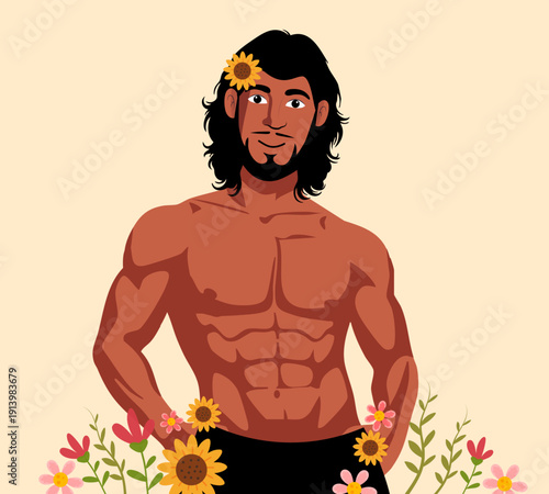 Man with long wavy hair surrounded by sunflowers on cream background