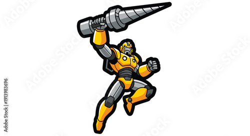 Cartoon Robot Character with Large Metal Arm.