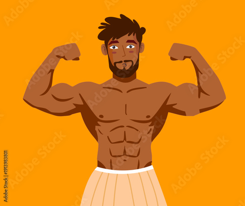 Muscular man flexing double biceps against bright orange abstract background shape