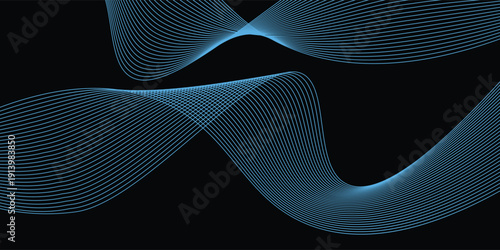 abstract wavy lines background. Vector wave lines smooth flowing dynamic blue green gradient light isolated on black background.