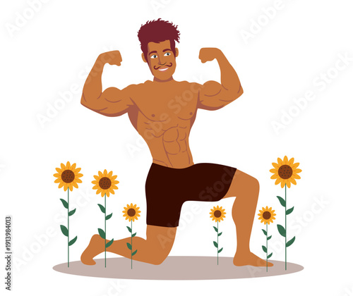 Man kneeling in sunflower field flexing muscles on white background scene