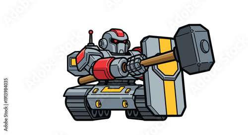 Robot with Large Hammer on Tank Tracks.