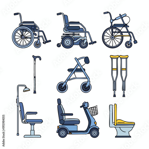 Variety of Modern Mobility Aids and Wheelchairs for Accessibility and Support