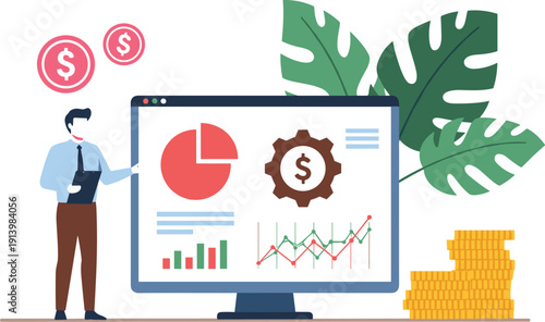 Business analyst presenting financial data dashboard with pie charts and growth graphs for investment strategy profit analytics and corporate budget planning