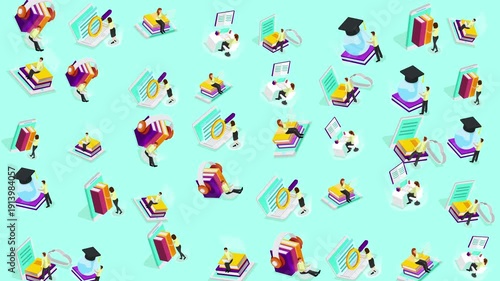Isometric figures, books, and graduation caps depict academic success on a light blue background. Suitable for educational concepts and presentation slides.