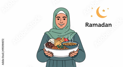 Illustration of a smiling woman wearing a green hijab holding a plate of food with a Ramadan crescent moon symbol in the background.