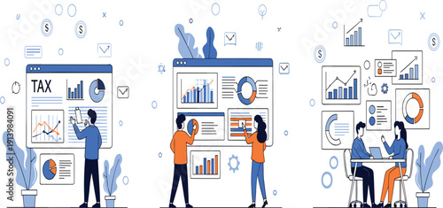 Business data analytics and tax management set featuring professional analysts using digital dashboards for financial reporting strategic planning and corporate consultation