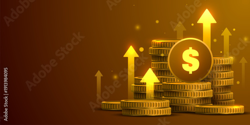 Golden coins stacking up with dollar signs and rising arrows, symbolizing financial growth and success. Vector illustration