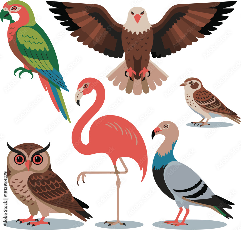 Naklejka premium Different bird breeds including parrot, eagle, sparrow, owl, flamingo and pigeon, clean modern vector illustration