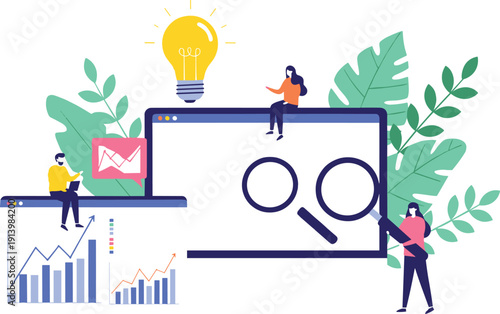 Business research and creative idea generation concept with analysts using magnifying glass for data discovery and light bulb for strategic solution brainstorming
