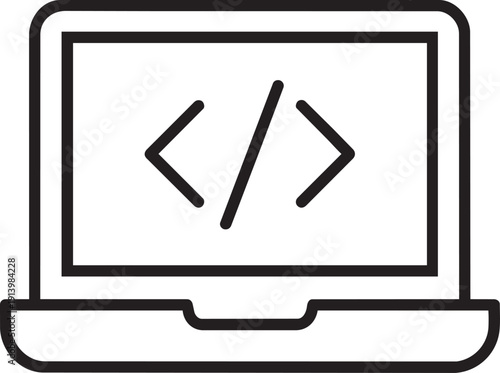 Laptop computer screen displaying code brackets representing mobile coding and remote software development work