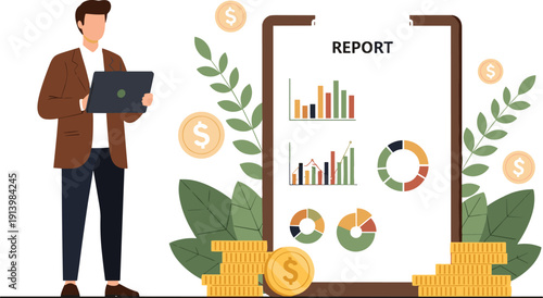 Businessman standing with laptop next to large clipboard financial report with charts and gold coins for data analysis vector