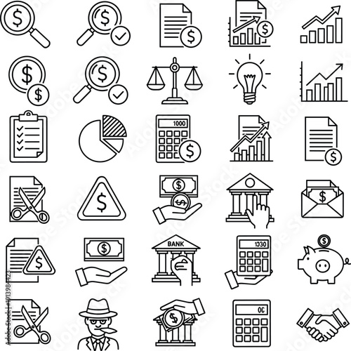 Comprehensive financial audit and risk management line icon set featuring fraud detection magnifying glass bank and tax analysis vector