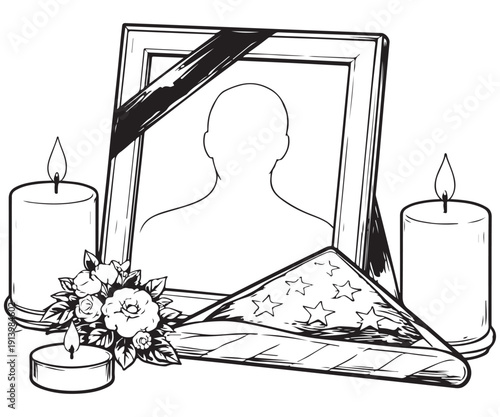 Line art of candles placed beside memorial photo frame