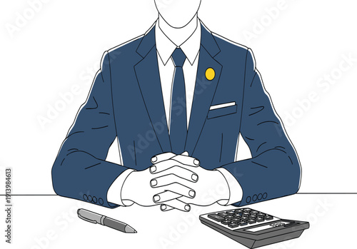 Hand drawn blue calculator vector illustration with red buttons on yellow circle background for math finance and education