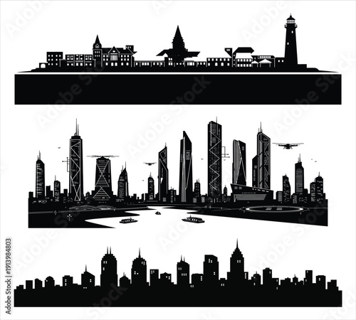 City skyline silhouettes with various architectural styles and waterfront views