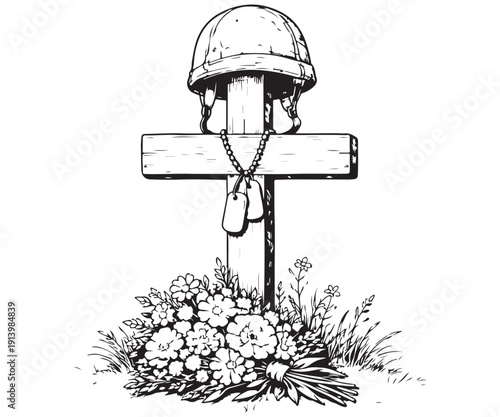 Line art of a memorial cross with helmet on top
