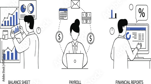 Professional blue and white business illustrations for balance sheet payroll and financial data reports on white background vector