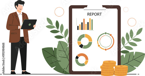 Professional business report on clipboard with financial data charts and analyst using laptop for corporate auditing investment review and profit summary