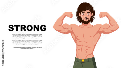 strong muscular man showing biceps flexing muscles for fitness and bodybuilding concept