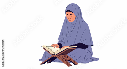 A woman wearing a hijab reads a book on a wooden lectern against a white background.
