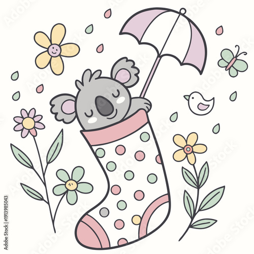Playful Dreamy Koala design, styled with snuggled in a sock and Blooming Renewal shades in a Spring setting