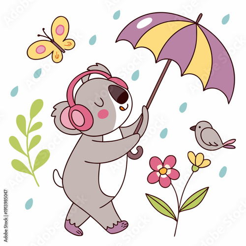 Cute Excited Koala, accessorized with wearing headphones, in a Spring world – Blooming Renewal palette vector