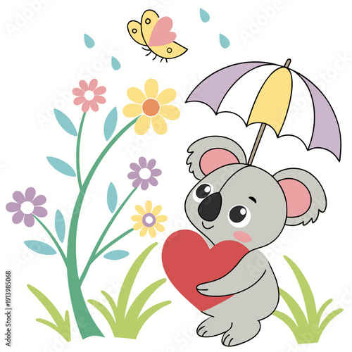 Cute SVG of a Bashful Koala in Blooming Renewal colors, featuring holding a heart in a Spring setting