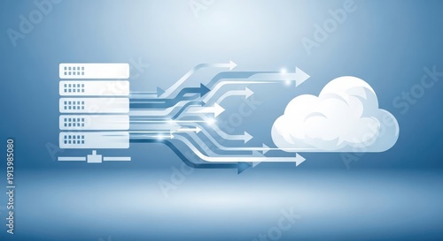 Cloud computing technology digital data transfer futuristic network server connection with glowing arrows and cloud storage illustration on blue gradient background