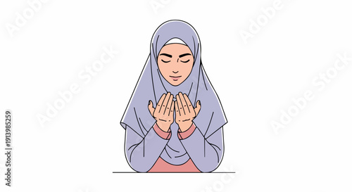 Illustration of a woman wearing a purple hijab with her hands clasped together in prayer on a white background with a serene mood.