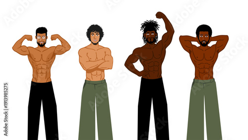 group of four diverse muscular men posing together for fitness community representation