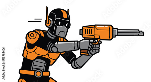 Robot Character Holding Orange Futuristic Gun.