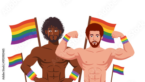 two diverse muscular men holding rainbow flags for pride month celebration event