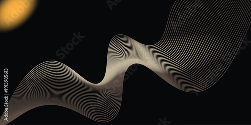 Vector abstract art landscape mountain with birds and sunrise sunset by golden line art texture isolated on dark grey black background.