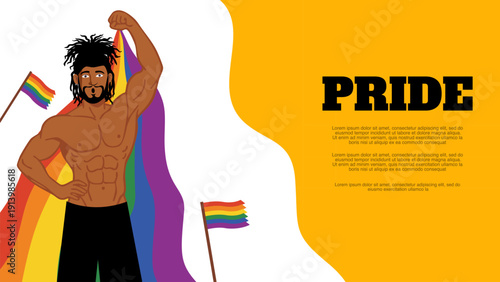 muscular man holding large rainbow flag over shoulder for pride month support