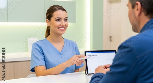 Smiling receptionist assisting a male patient with digital registration at a modern clinic.