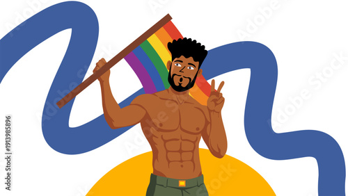 athletic shirtless man holding rainbow flag against blue abstract wave background design