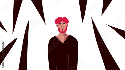 man with pink hair appearing from behind abstract black and white background