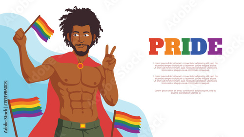 muscular man wearing red cape and holding rainbow flag for pride celebration