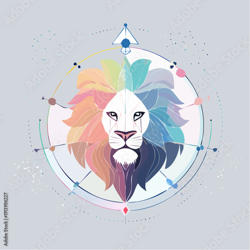 Geometric Lion Head Illustration with Rainbow Mane and Celestial Elements