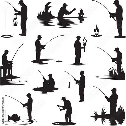 Black silhouettes of men fishing in various poses on white background