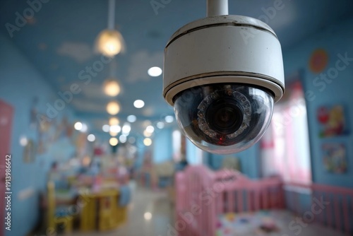 Camera watches over a colorful daycare room with toys and furniture arranged for children’s play in bright lights