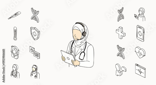 Digital healthcare isometric line art set with a female doctor in hijab using a tablet for online consultation, surrounded by essential medical symbols.