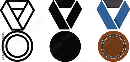 Three different medal icons representing achievement and recognition with distinct styles and colors