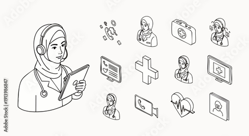 Isometric line art icons set for online medical consultation and telemedicine services featuring a Muslim female doctor in hijab with a headset.