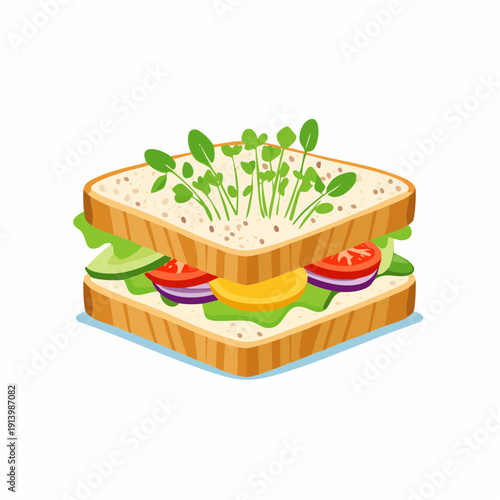 Deliciously Healthy Veggie Sandwich with Fresh Sprouts and Ripe Tomatoes