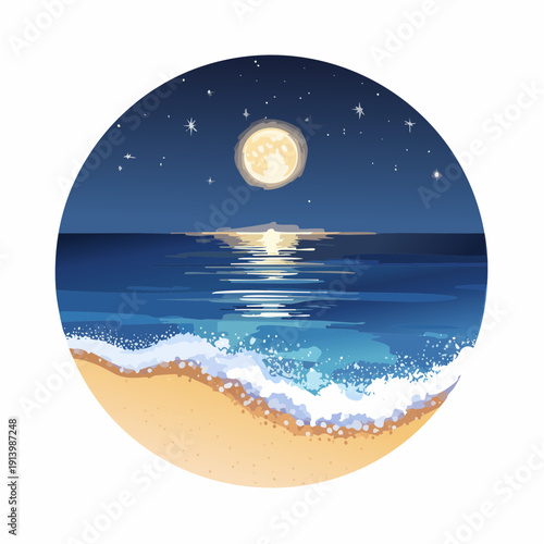 Serene beach at night with moonlit ocean waves and starry sky
