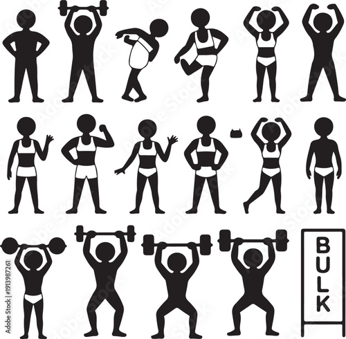 black silhouettes of people exercising with dumbbells and weights