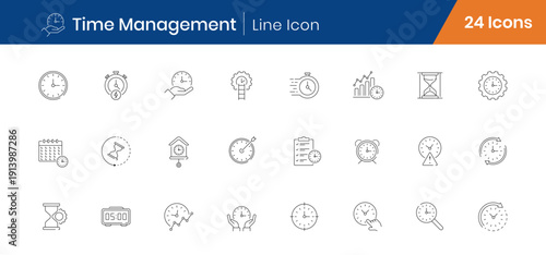 Time Management Outline Icons Set of 24. Schedule, Deadline, Productivity Linear Vector Editable Stroke Icons